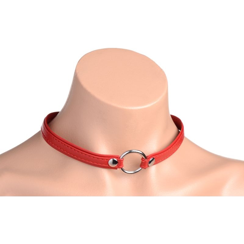 Fiery Pet Leather Choker w Silver Ring Red