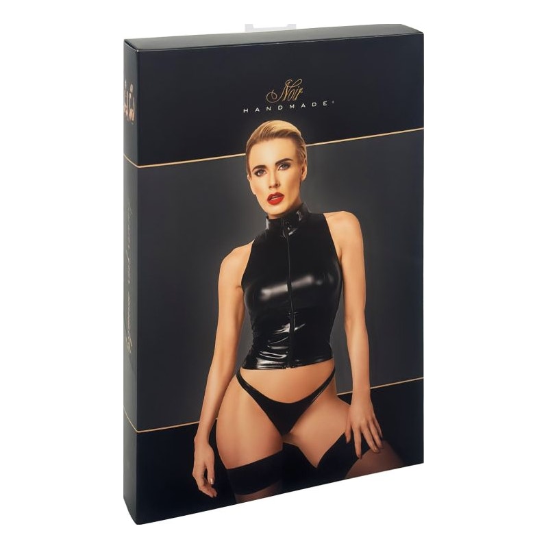 Glam Wet-look Top With Vinyl Corset Black - By NOIR