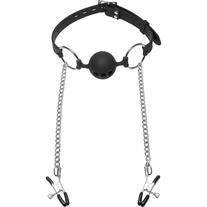 Hinder Breathable Silicone Ball Gag With Nipple Clamps