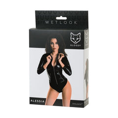 Glossy Black Wet-look Bodysuit Zip Front