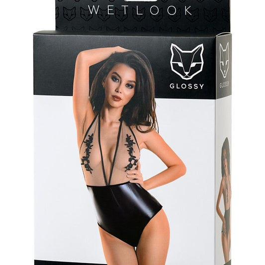 Glossy Wet-look Satin One-piece Bodysuit Black Small