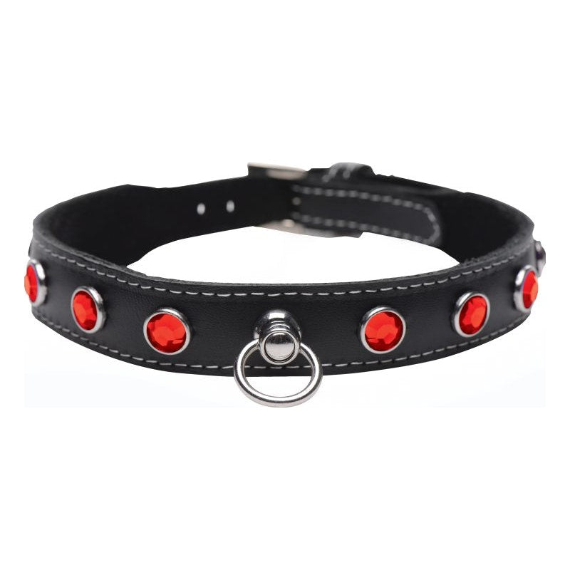 Black Leather Choker Collar With Red Rhinestones