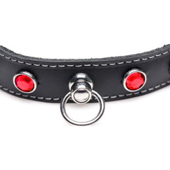 Black Leather Choker Collar With Red Rhinestones