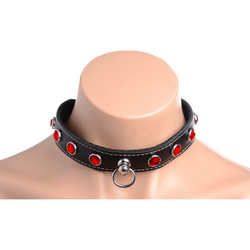 Black Leather Choker Collar With Red Rhinestones