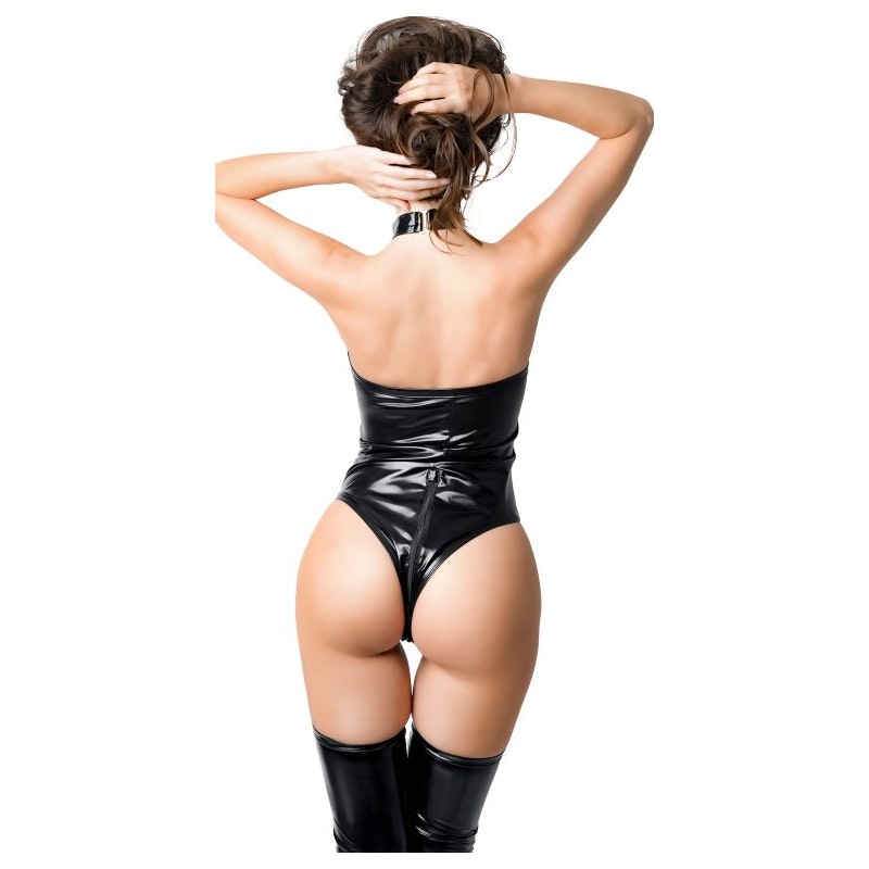 Glossy Mesh One-Piece Wet-Look Bodysuit Black